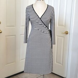 VINTAGE 90's Black White Houndstooth Faux Wrap Dress Three Quarter Sleeve